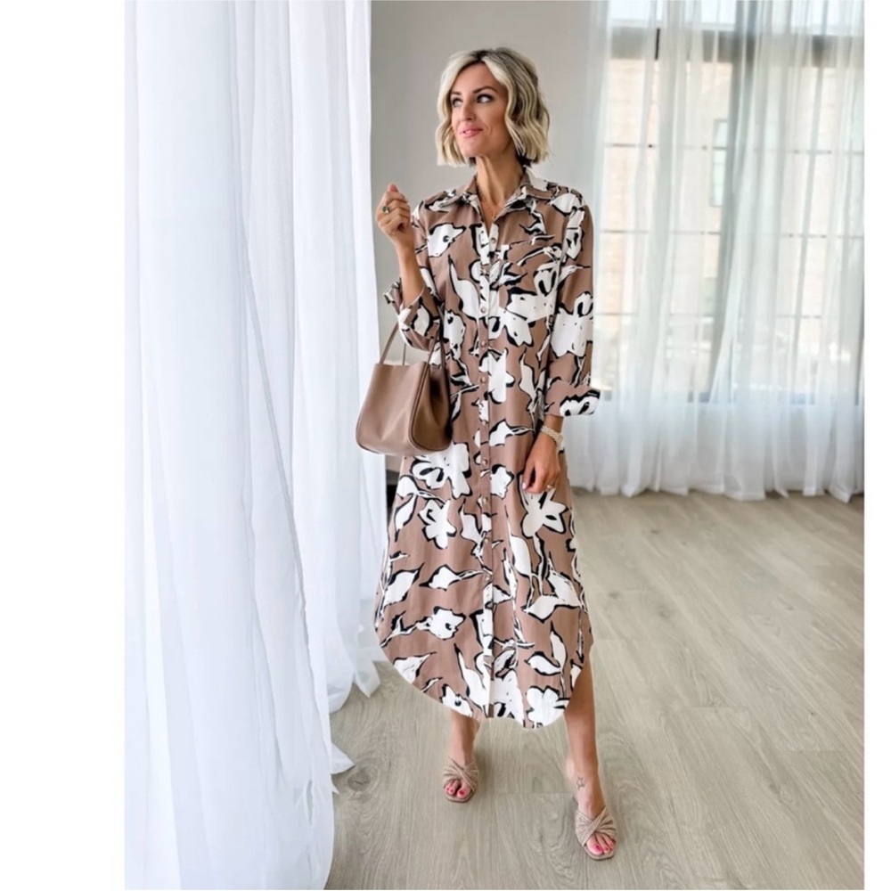 Brown and White Floral Print Shirt Dress